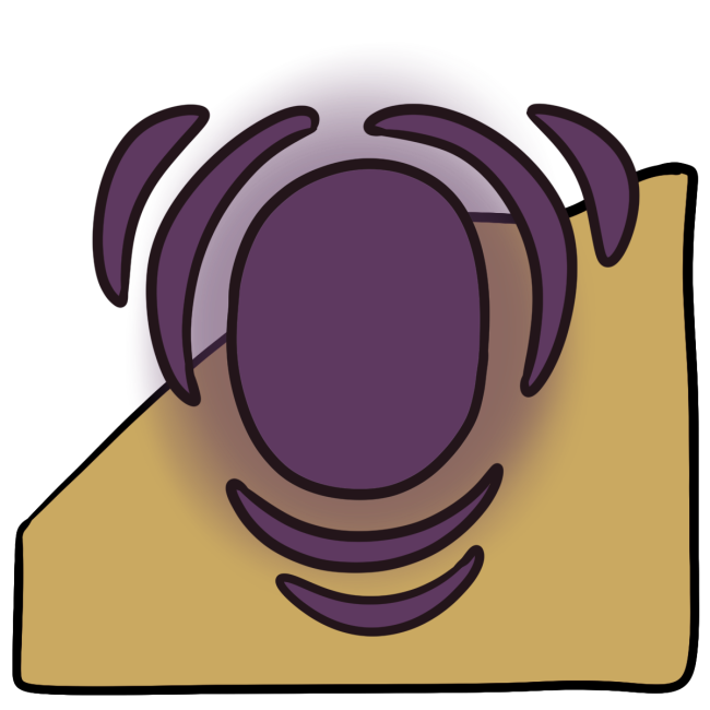 A purple glowing oval with three sets of stacked curved lines coming off the edges. Curved yellow skin fills the bottom half of the background.